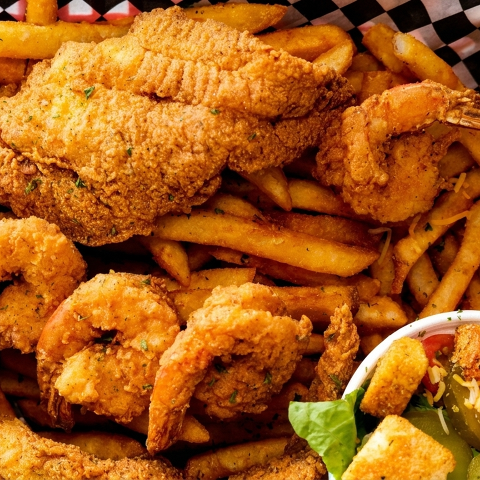 Fried fish and shrimp with french fries, garlic toast, and a side salad in a checkered basket.