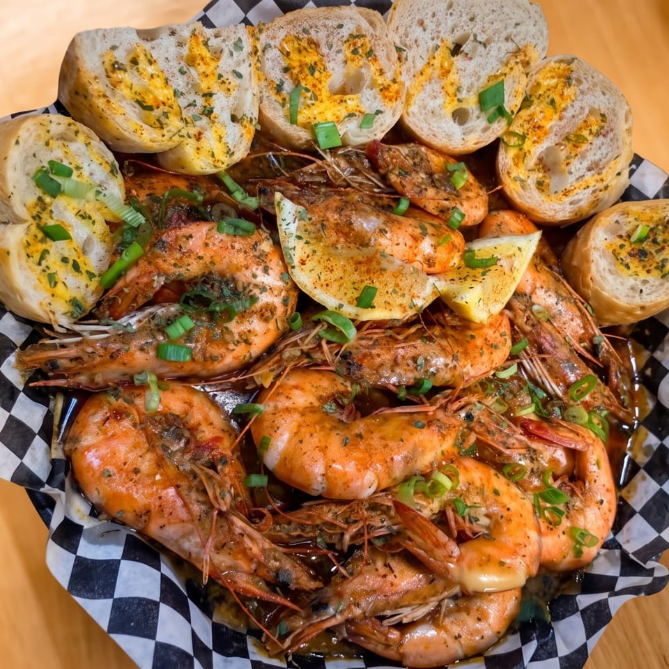 A basket of seasoned shrimp with lemon slices and garlic bread on checkered paper.