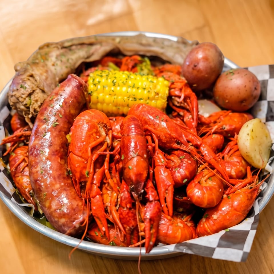 A metal platter filled with red crawfish, corn on the cob, potatoes, and sausage on a wooden table.