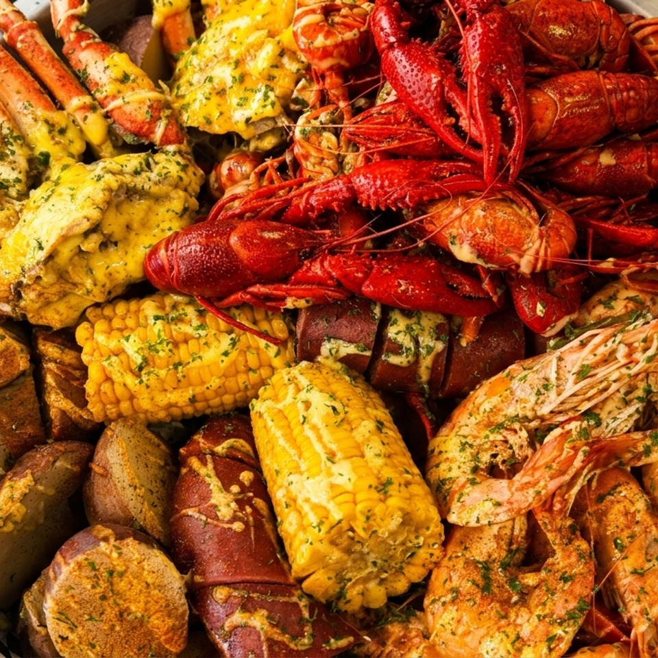 A large platter of Cajun seafood boil with crab legs, crawfish, shrimp, corn, and potatoes.