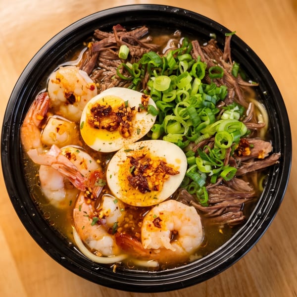 Ramen bowl with shrimp, sliced eggs, shredded beef, and green onions on a wooden table.