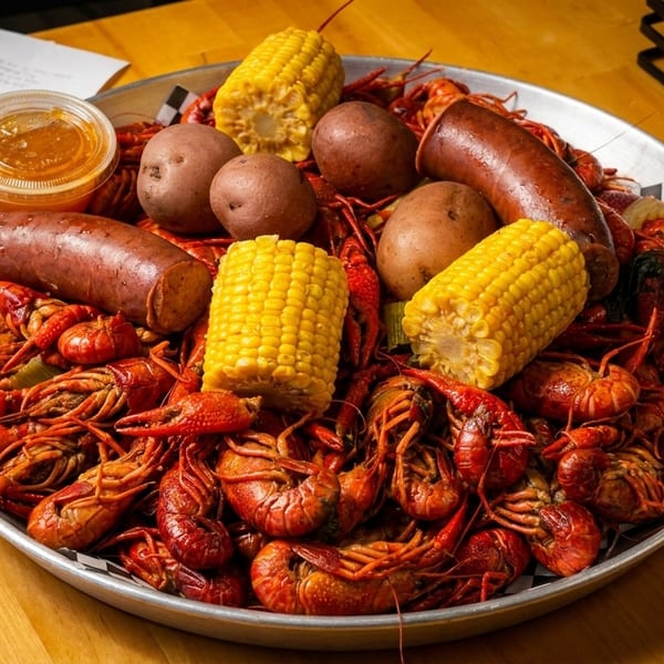 A large platter of boiled crawfish, corn on the cob, potatoes, and sausage on a wooden table.