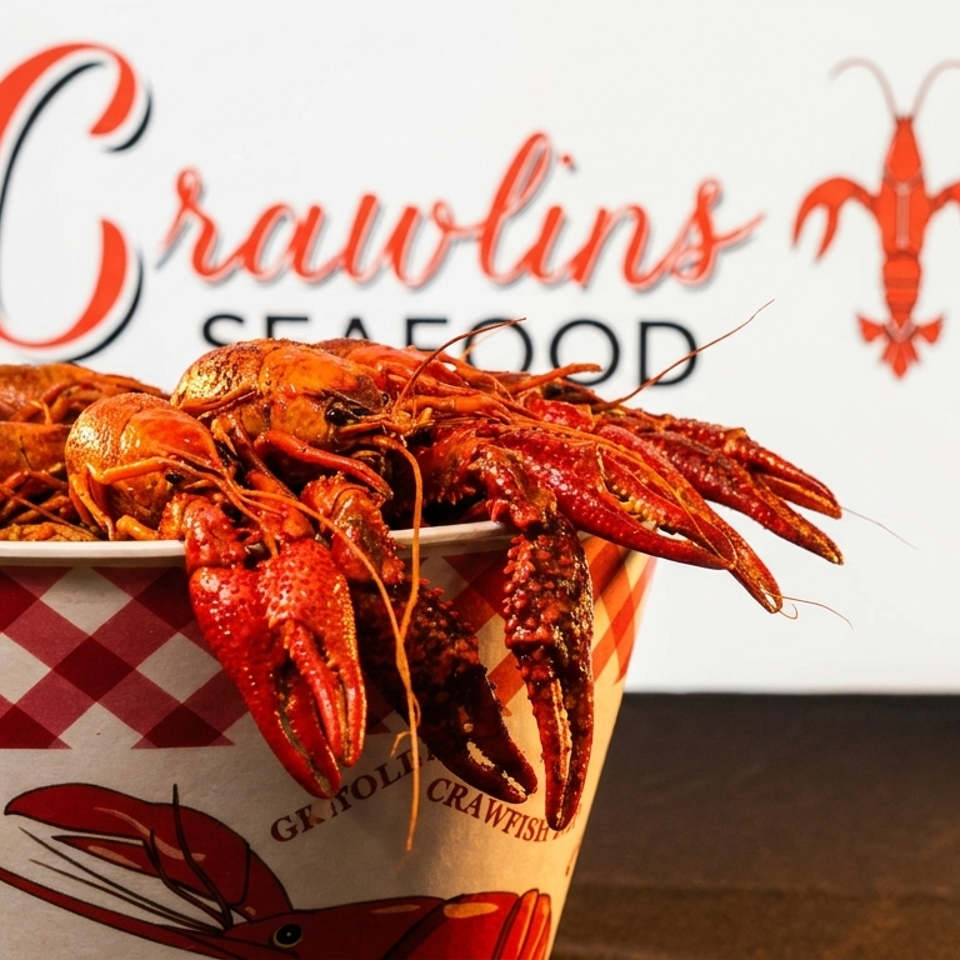 A bucket of bright red crawfish sits in front of the Crawlins Seafood logo.
