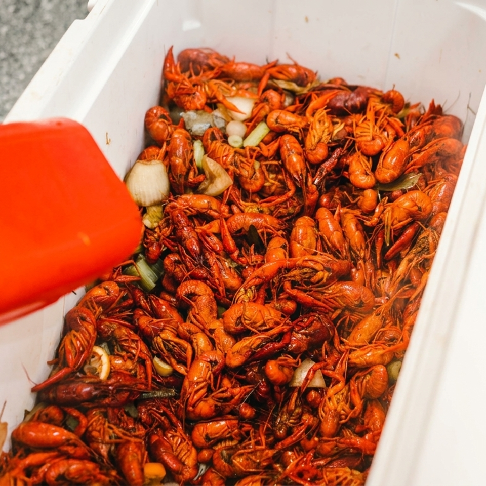 A person scoops a large quantity of cooked crawfish, seasoned with vegetables, from a white cooler.